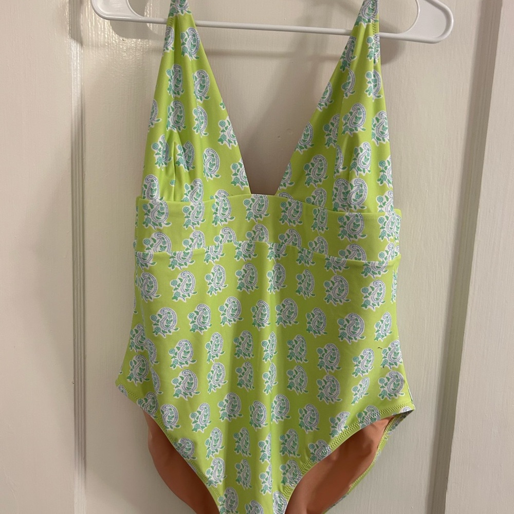 J. Crew Lime Green Paisley Plunge Swimsuit